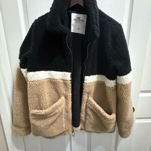 Hollister Color Block Teddy Jacket - Black, White, Tan